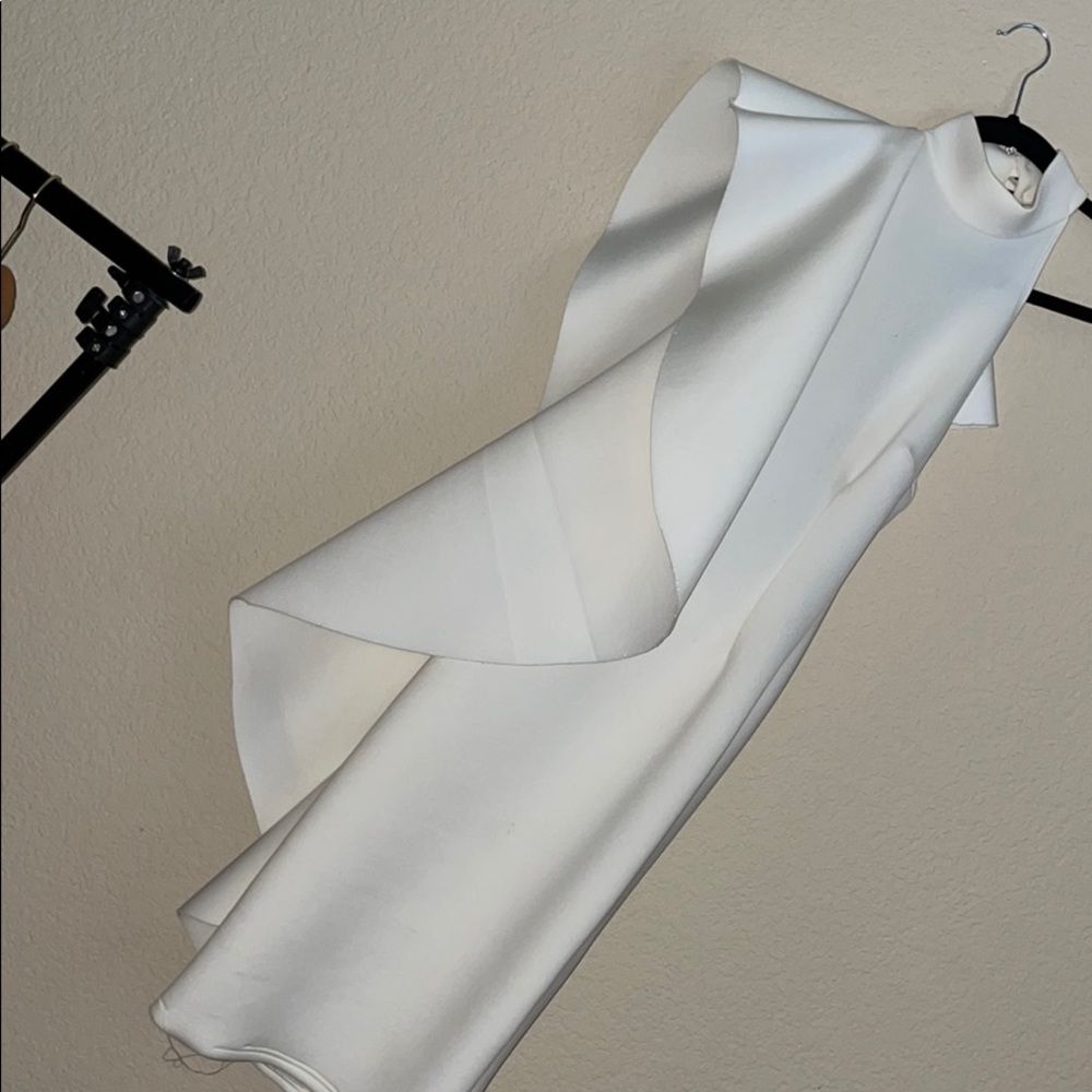 Asymmetrical White Crepe Ruffle Cocktail Dress